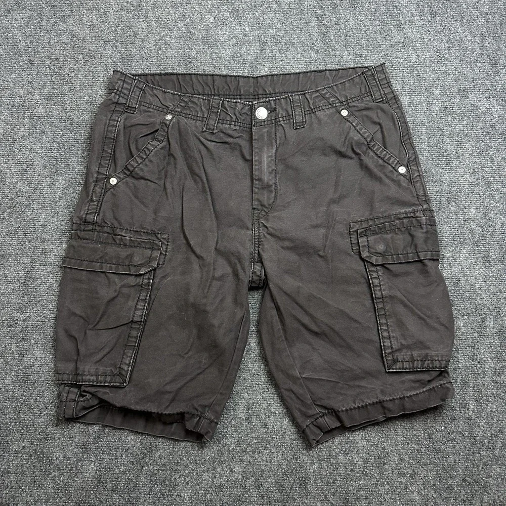 Y2K True Religion Baggy Cargo Shorts Mens 34x12 Brown Faded Thick Stitch Grunge